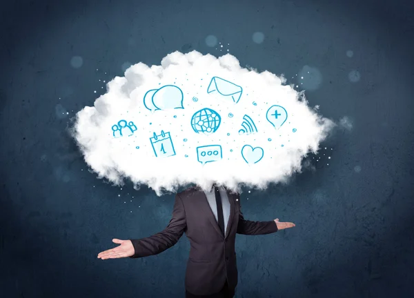 Man in pak met wolk kop en blauwe pictogrammen — Stockfoto