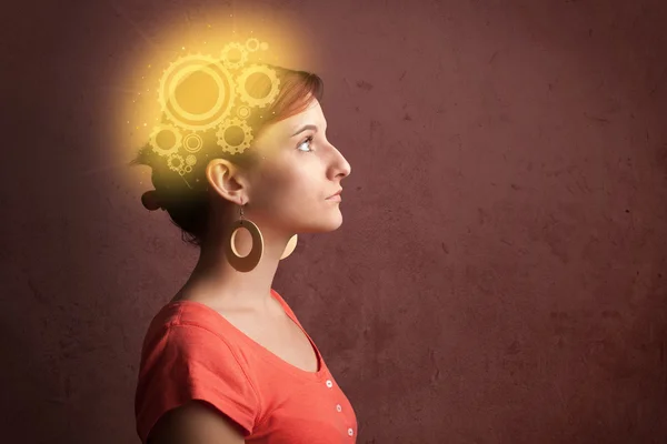 Smart tjej som tänker med en maskin huvudet illustration — Stockfoto