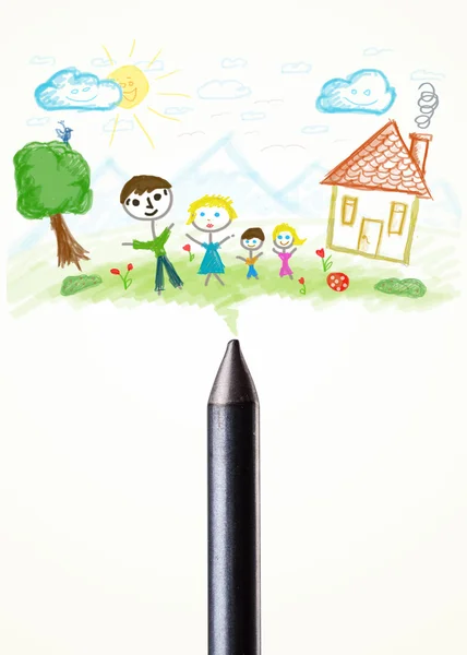Crayon närbild med en ritning av en familj — Stockfoto