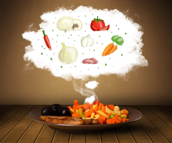 Plate of food with vegetable ingredients illustration in cloud — Stock Photo, Image