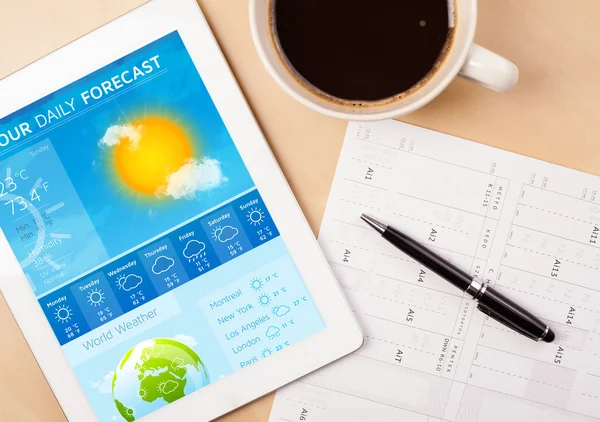 Tablet-PC zeigt Wettervorhersage auf dem Bildschirm mit einer Tasse Kaffee — Stockfoto