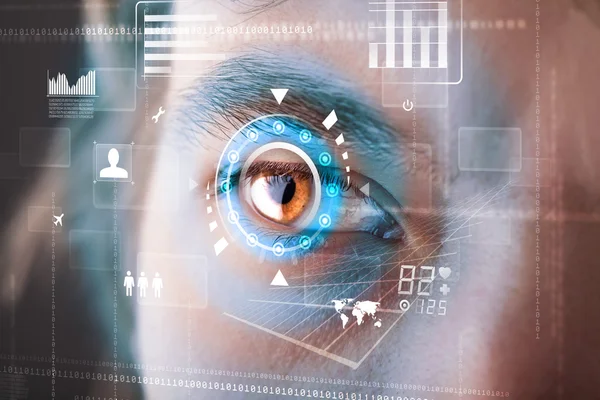 Futuristisk modern cyberman med teknik skärm öga panel — Stockfoto