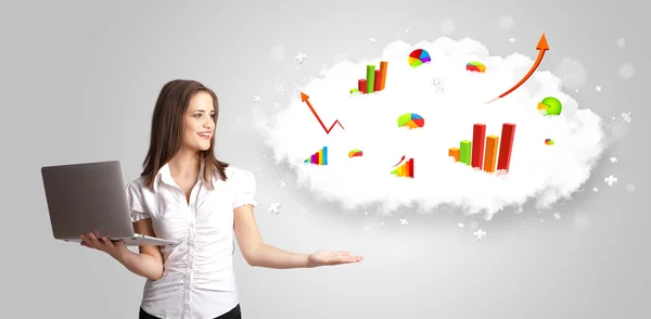 Young woman presenting cloud with graphs and charts — Stock Photo, Image