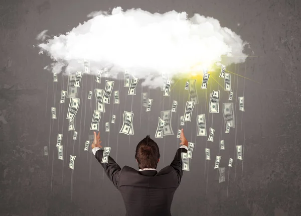 Egy öltönyös üzletember zuhanó pénzzel nézi a felhőt. — Stock Fotó