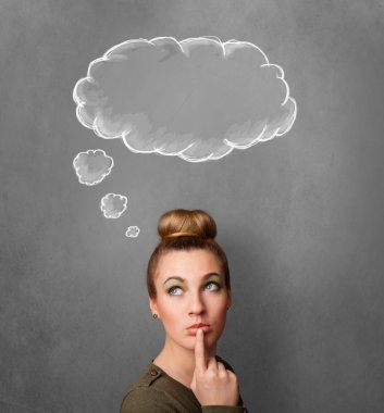 düşünceli kadın başının üstünde bulut ile