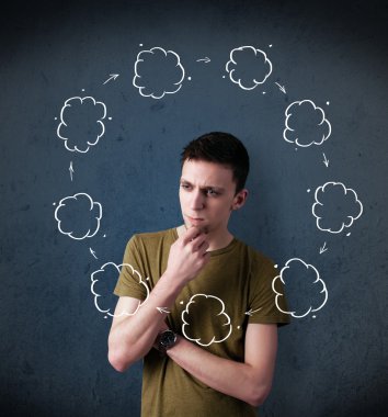Young man thinking with cloud circulation around his head clipart