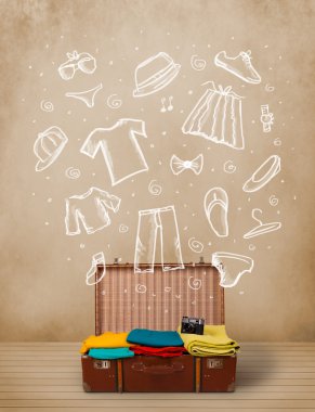 yolcunun Bagaj ile el çizilmiş kıyafetler ve simgeler