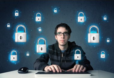 sanal kilit simgeleri ve simge ile genç hacker