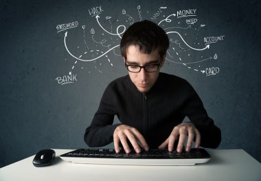 Beyaz çizgili düşünceleri olan genç bir hacker.