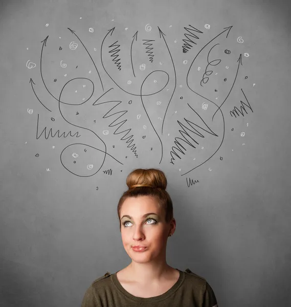 Young woman thinking with arrows over her head — Stock Photo, Image