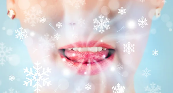 Pretty woman mouth blowing cold breeze — Stock Photo, Image