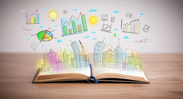 Zeichnung eines Geschäftsprogramms auf einem aufgeschlagenen Buch — Stockfoto