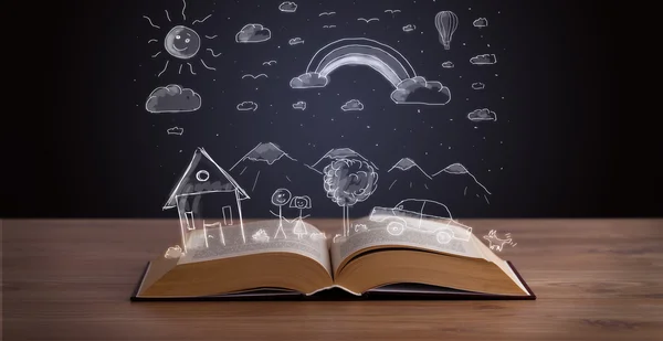 Open book with hand drawn landscape — Stock Photo, Image