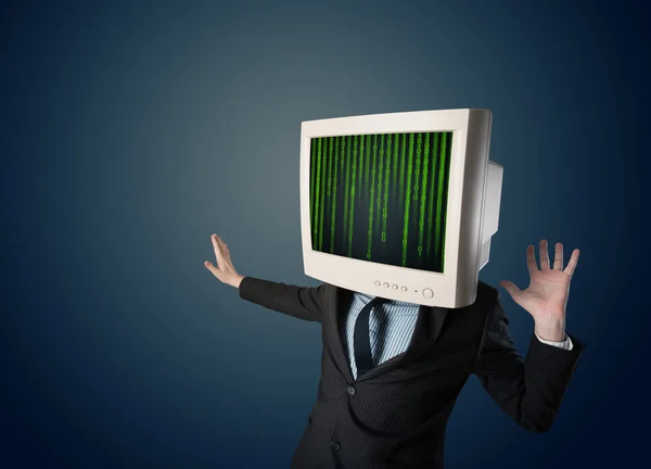 Cyber human with a monitor screen and computer code on the displ — Stock Photo, Image