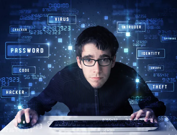 Hacker-Programmierung im Technologieumfeld mit Cyber-Ikonen — Stockfoto