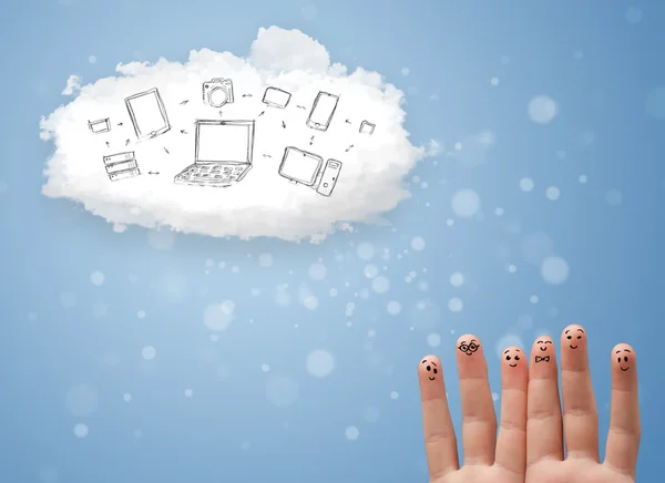 Happy smiley fingers looking at cloud computing with technology — Stock Photo, Image