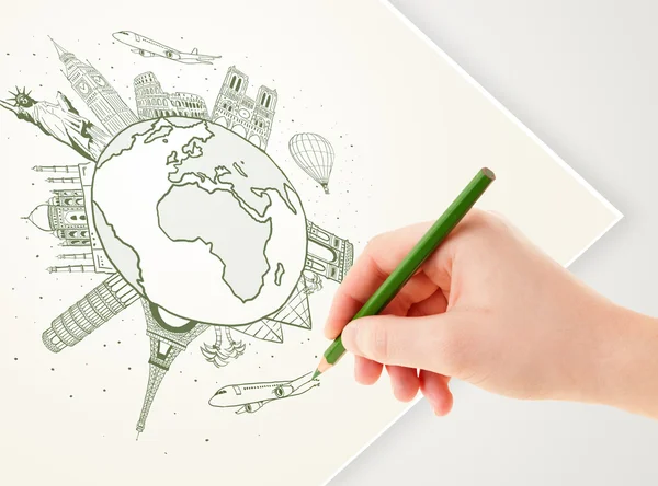 Hand drawing vacation trip around the earth with landmarks and c — Stock Photo, Image