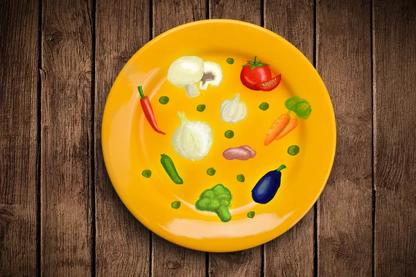 Colorful plate with hand drawn icons, symbols, vegetables and fr — Stock Photo, Image