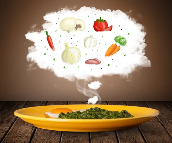 Tallrik med mat med vegetabiliska ingredienser illustration i molnet — Stockfoto