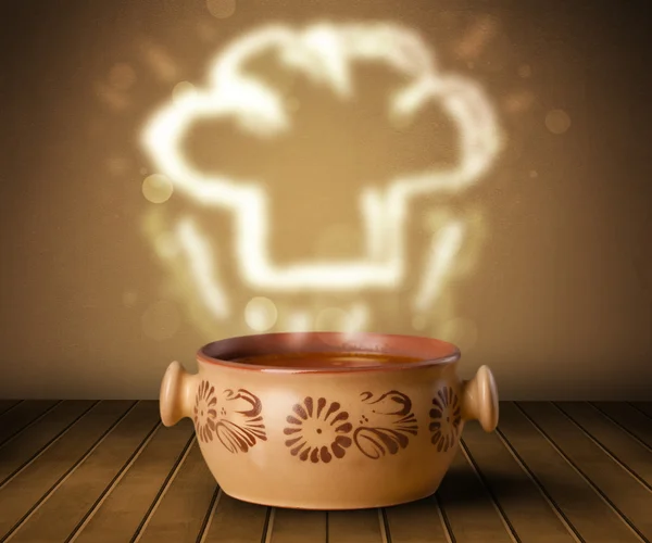 Bowl of soup with chef cook hat steam illustration — Stock Photo, Image