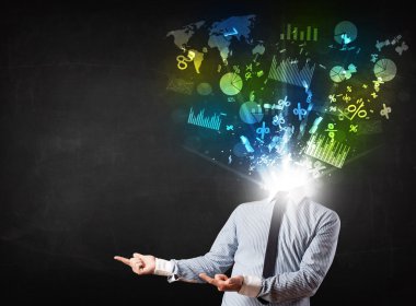 grafik ve grafikler onun bo patlayan takım elbiseli bir adam iş