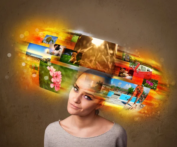 Girl with colorful glowing photo memories concept — Stock Photo, Image