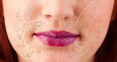 güzel kadın ağzı üfleme elle çizilmiş simgeler ve semboller