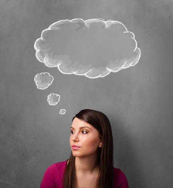 Mujer pensativa con nube sobre su cabeza — Foto de Stock