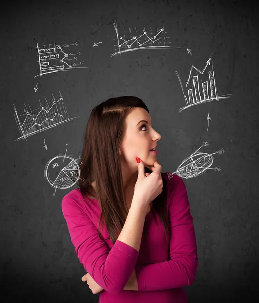 Young woman thinking with charts circulation around her head — Stock Photo, Image
