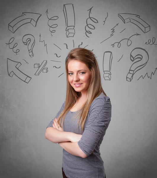 Carino giovane ragazza con domanda segno scarabocchi — Foto Stock