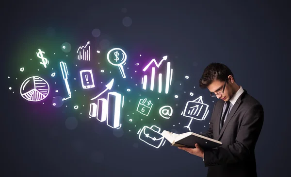 Joven leyendo un libro con iconos de negocios — Foto de Stock