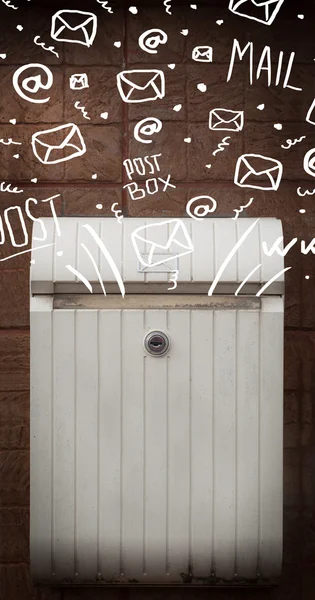 Postbox with white hand drawn mail icons — Stock Photo, Image