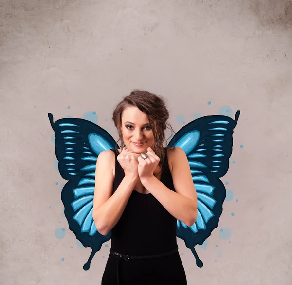 Menina com borboleta azul ilustração na parte de trás — Fotografia de Stock