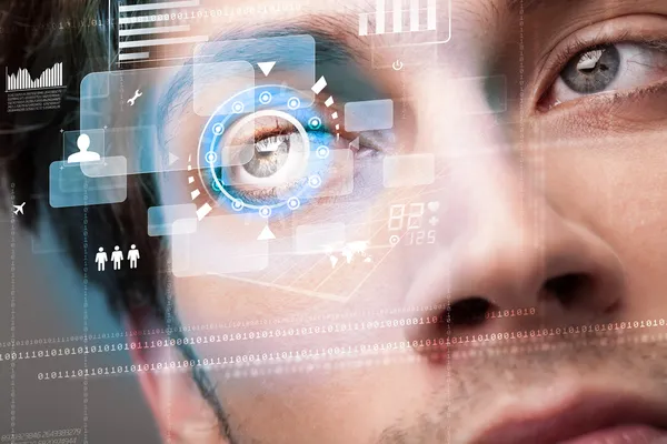 Futuristic modern cyber man with technology screen eye panel — Stock Photo, Image