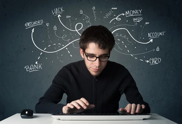 Young hacker with white drawn line thoughts — Stock Photo, Image