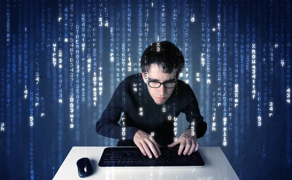 Hacker decoding information from futuristic network technology — Stock Photo, Image