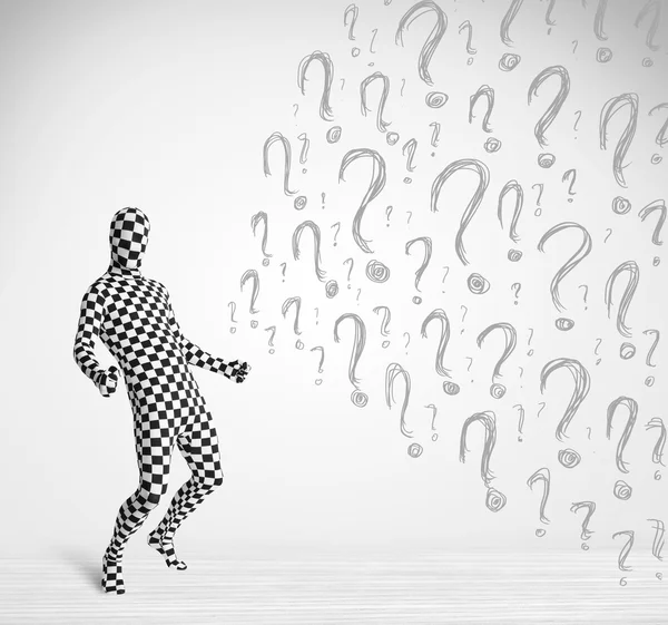 3d human character is body suit looking at hand drawn question m — Stock Photo, Image