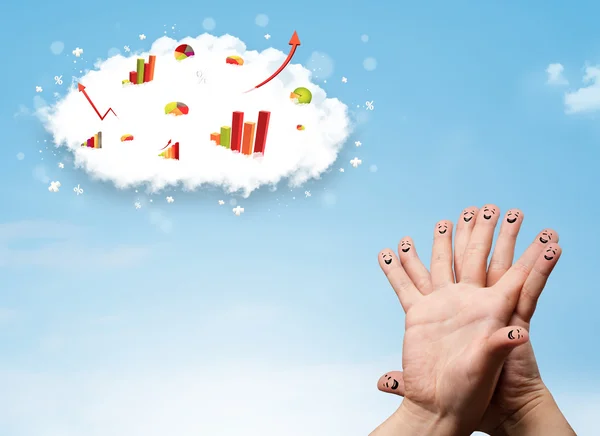 Vrolijke vinger smiley met grafiek wolk pictogrammen in de lucht — Stockfoto