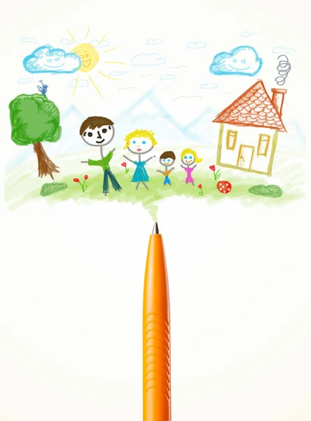 Pluma de primer plano con un dibujo de una familia — Foto de Stock