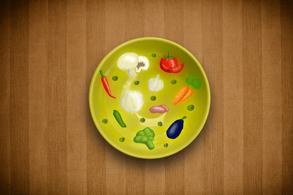 Colorful plate with hand drawn icons, symbols, vegetables and fr — Stock Photo, Image