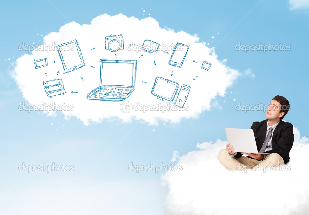 Businessman sitting in cloud with laptop