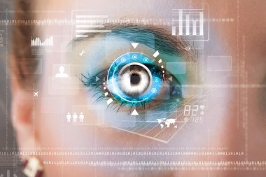 Siber teknoloji göz paneli konsepti ile gelecekteki kadın