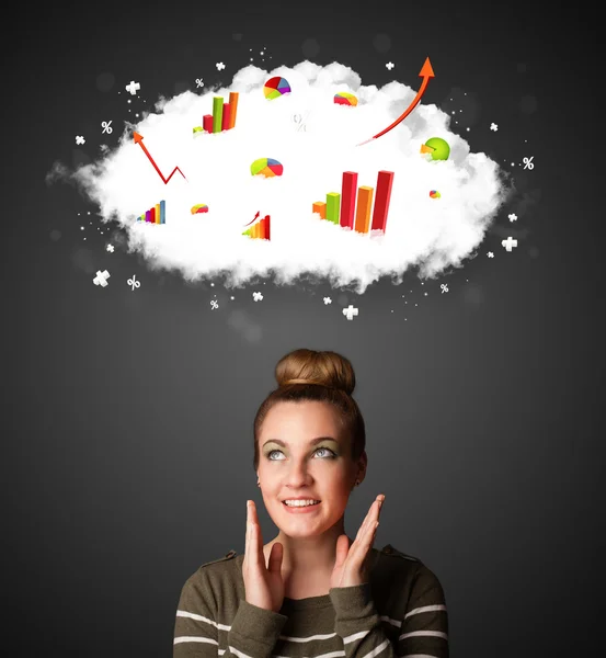 Young woman gesturing with cloud and charts concept — Stock Photo, Image