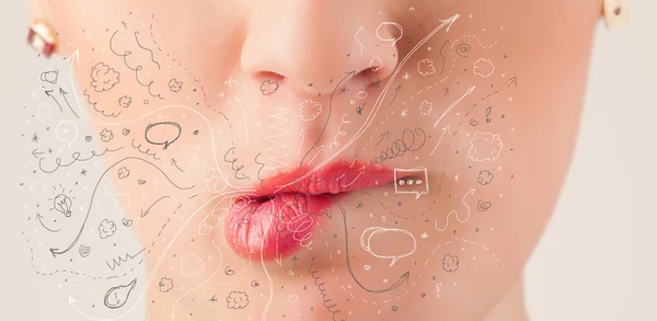 Pretty woman mouth blowing hand drawn icons and symbols — Stock Photo, Image