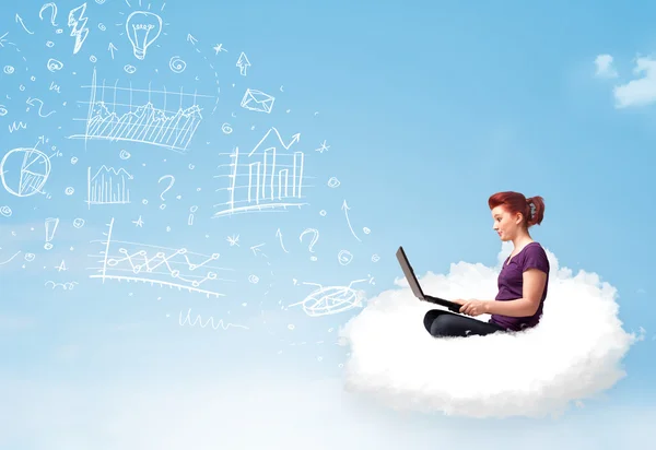 Young woman sitting in cloud with laptop — Stock Photo, Image
