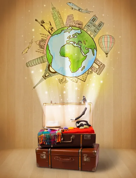 Bagage met reizen rond de wereld illustratie concept — Stockfoto