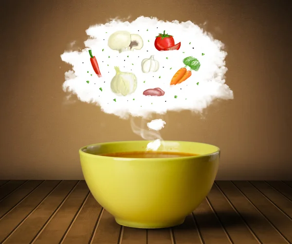 Bowl soup with vegetable ingredients illustration in cloud — Stock Photo, Image