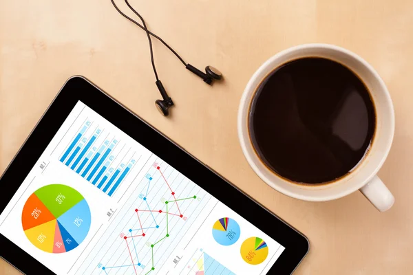Tablet pc shows charts on screen with a cup of coffee on a desk — Stock Photo, Image
