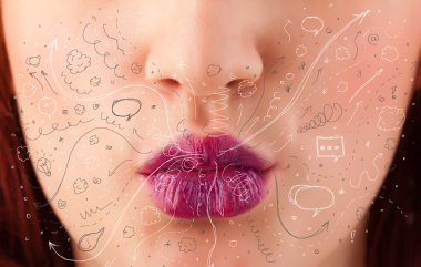 güzel kadın ağzı üfleme elle çizilmiş simgeler ve semboller