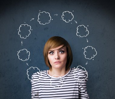 Young woman thinking with cloud circulation around her head clipart